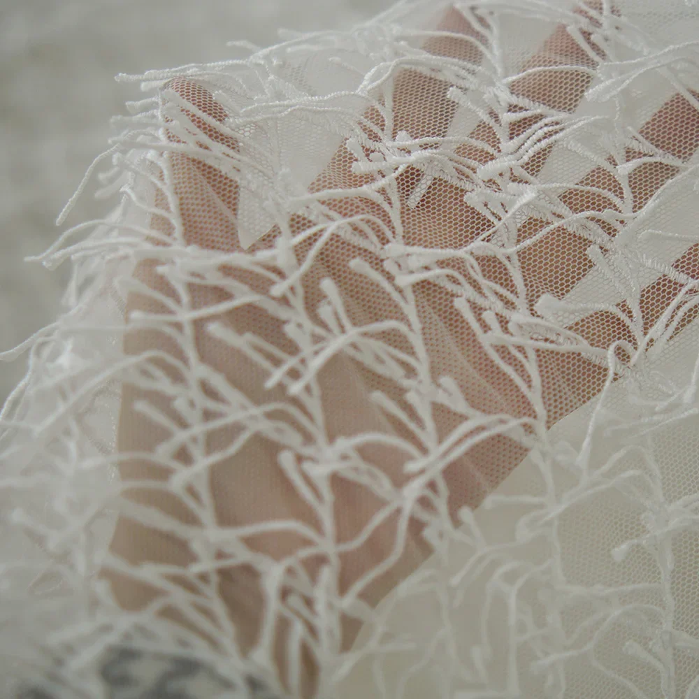 Tela de encaje blanco, Material de malla bordado de ramas de hojas para vestido de novia, lencería, vestido de noche, costura suave romántica DIY