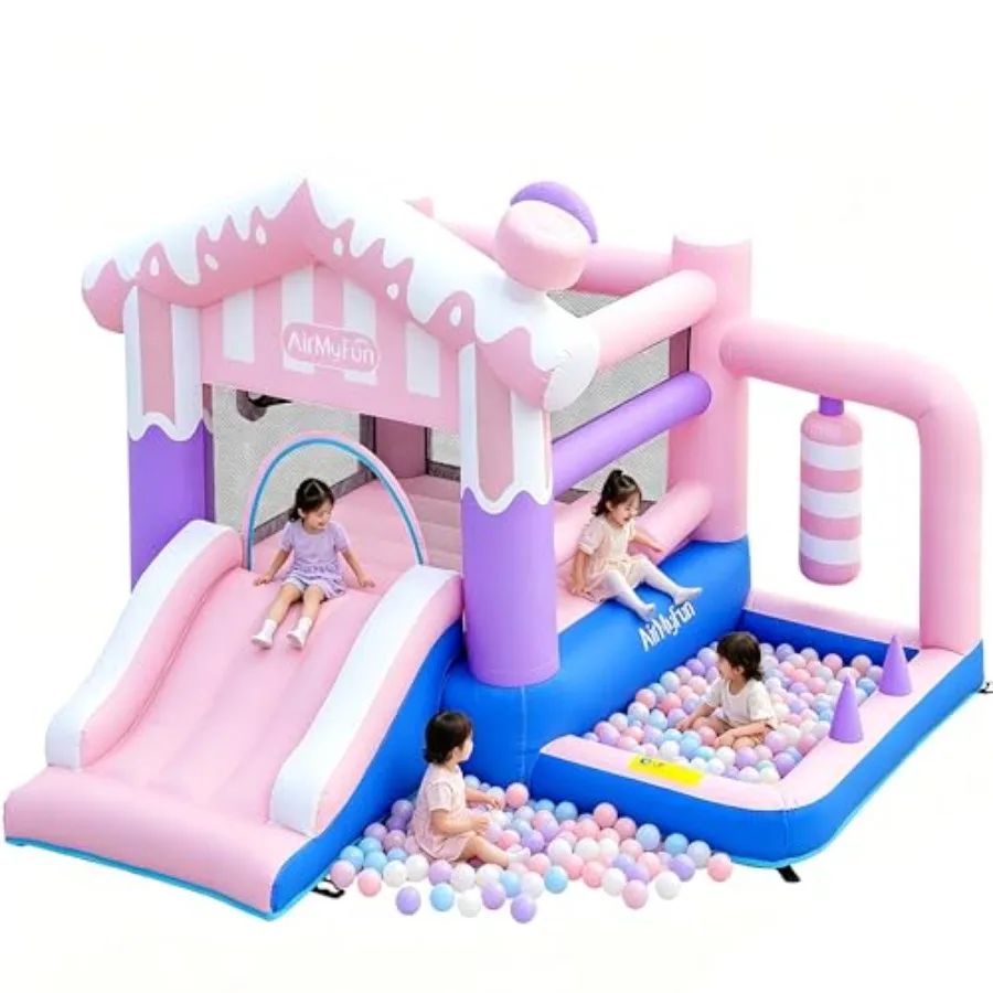 

Pink Ice Cream Themed Inflatable Bounce House for - Indoor/Outdoor Jumping Castle with Slide, Ball Pit, Wrecking Ball and Bounc