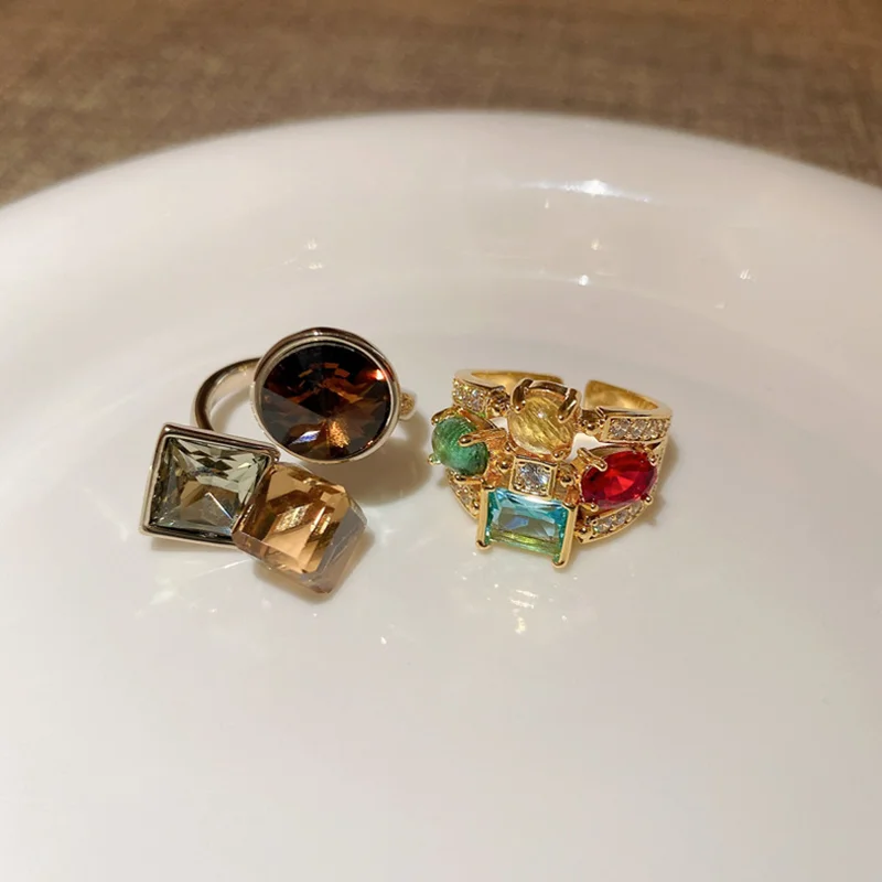 Zircon Geometry Ellipse Multiple Layers Colorful Open Mouth Rings for Women New Trendy Creativity Design Rings Jewelry Giftts