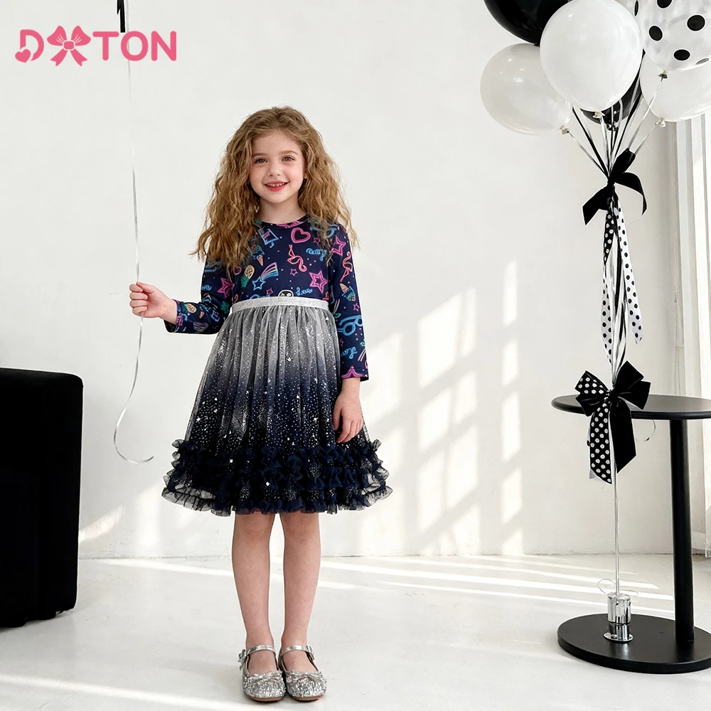 DXTON Kids Princess Dresses Children Birthday Party Costumes Gradient Mesh Kids Elegant Dress Long Sleeve Autumn Girls Clothes