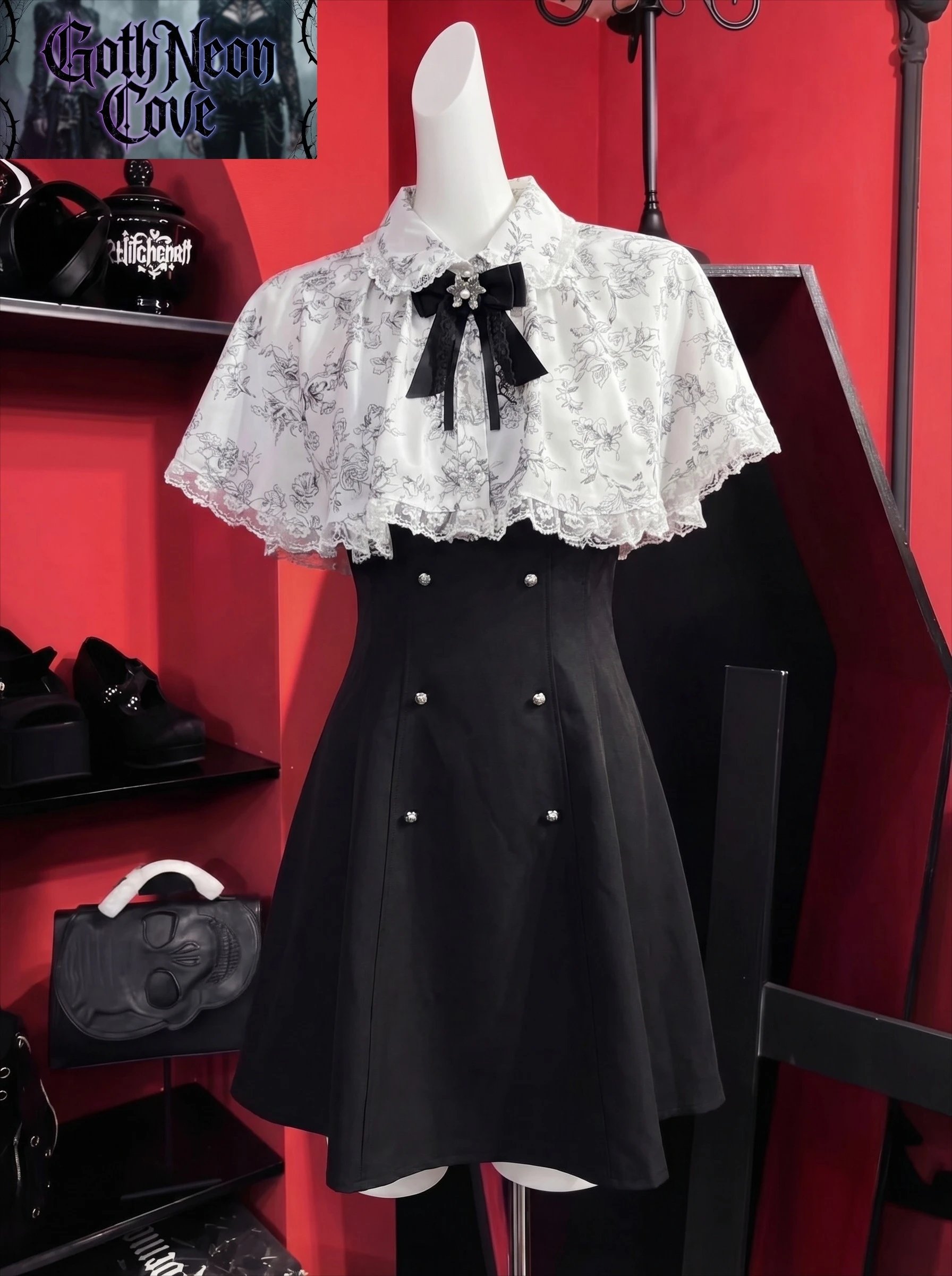 

Summer Japanese Yami Kawaii Two Piece Set Women's Short Sleeve Double Breasted Dress and Print Cape Harajuku Y2K Set Jirai Kei