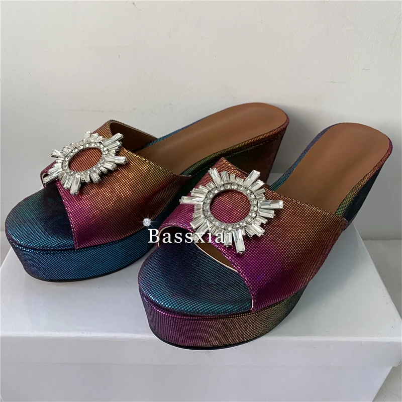 Colorful High Platform Wedges Mules For Girls Rhinestone Sunflower Buckle Decor Slingbacks Women Sandals Summer