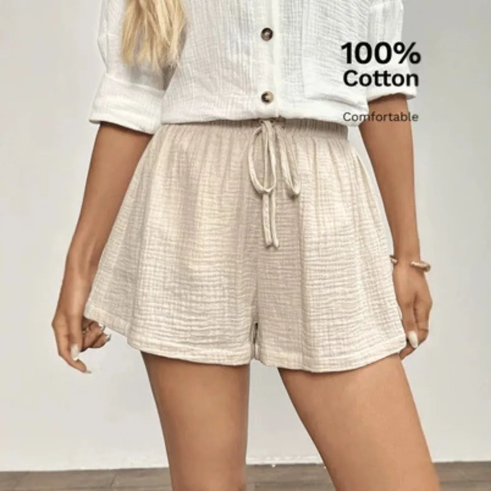 Women New Summer Linen Bermuda Shorts Solid Color Loose Drawstring Waist Elegant Casual Beach Breathable Vacation Bottom