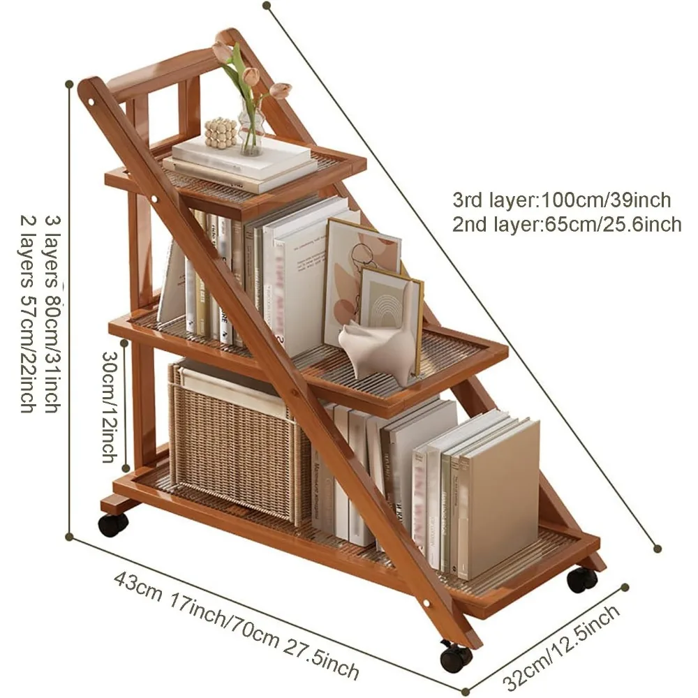 2/3 Tier Wooden Rolling Bookshelf with Wheels Heavy Duty Cart Storage Organizer Vintage Storage Rack for Living Room Bedroom