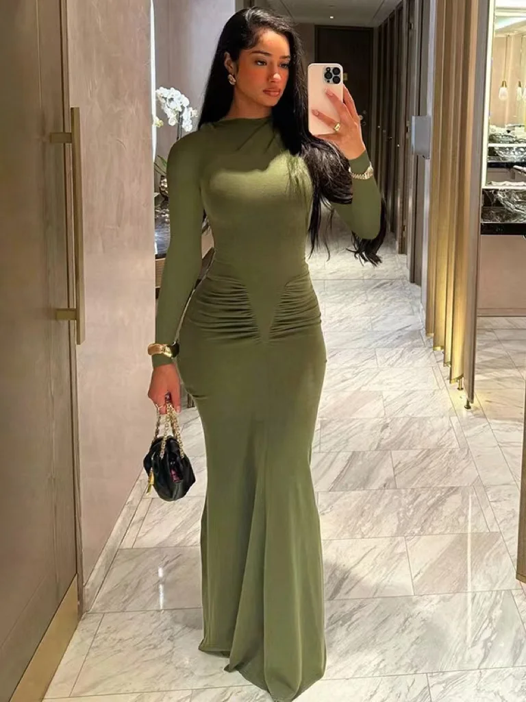 2024 Autumn Solid Elegant Maxi Dress Women Classic Simple Sleeveless O-Neck Body-Shaping Ruched Robe Female New Party Vestidos