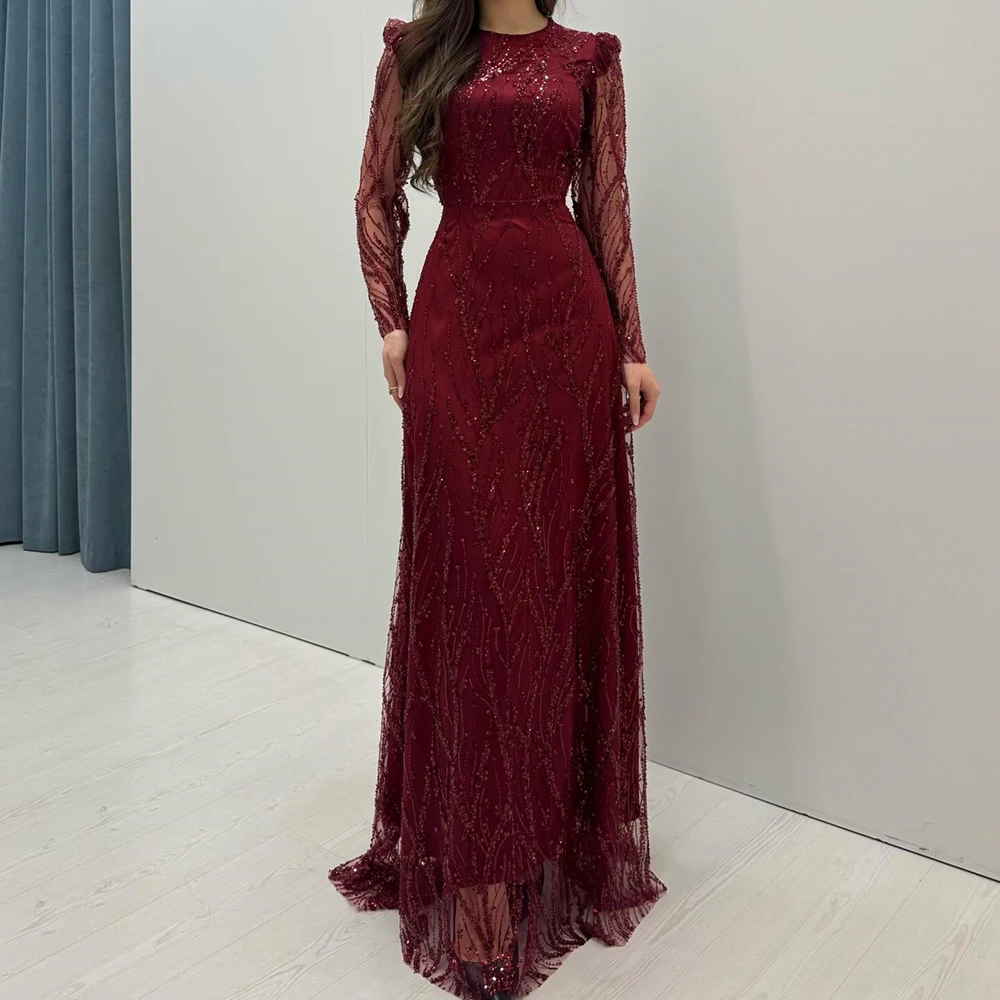 

Customized A-line Evening Dresses Floor-length O-neck Full Sleeve Prom Gown Fashion Sequined Simple Draped Exquisite Party Gown