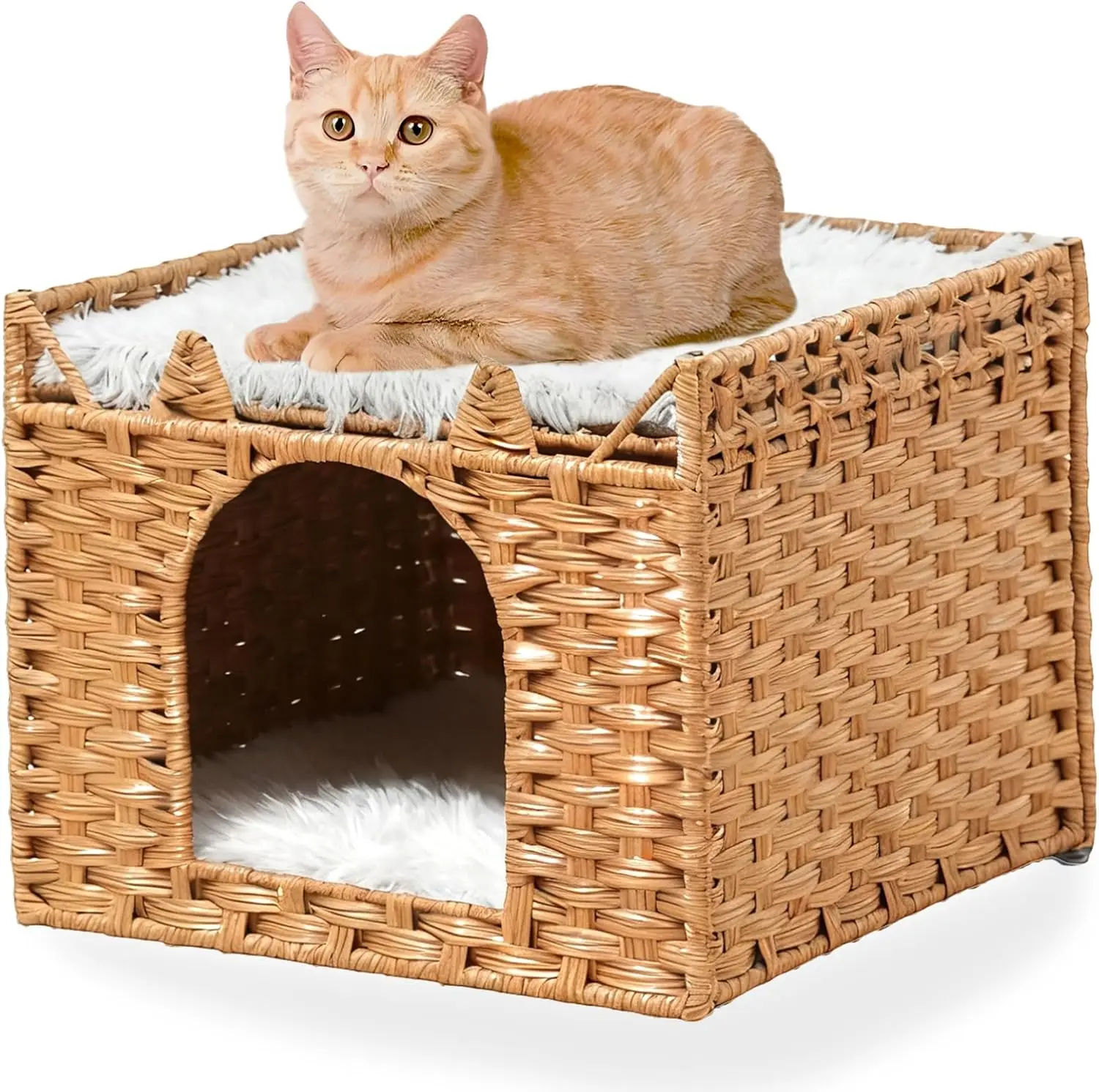 

Cat Bed with Ears - Foldable Rattan Cat Cave House, 16.5x16.5x13.2 Inch, Natural Pet Cube with 2 Cushions