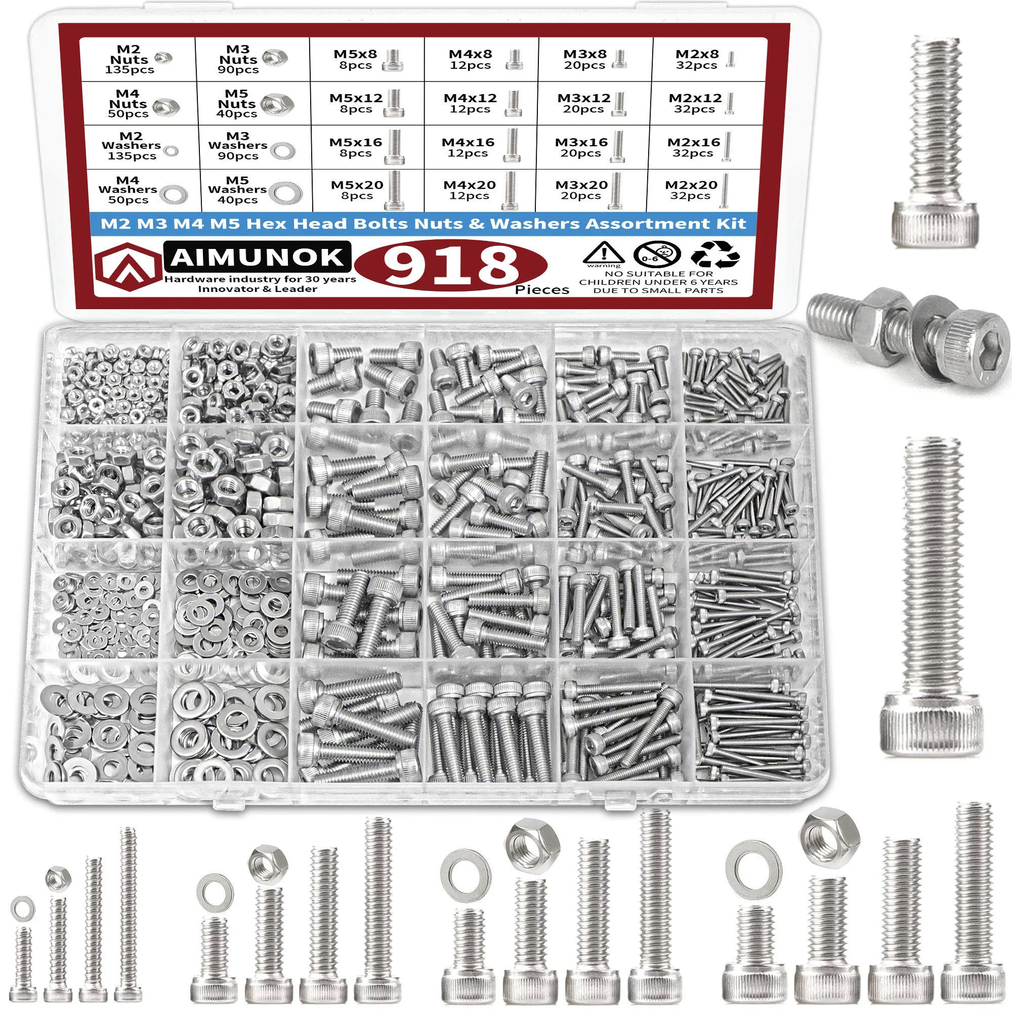 Kit assortimento di dadi e bulloni da 918 pezzi-bulloni, dadi, rondelle piatte in acciaio inossidabile 304 con testa esagonale M2, M3, M4, M5 e altro