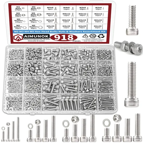 Kit surtido de tuercas y pernos de 918 piezas: pernos, tuercas, arandelas planas y más de cabeza hexagonal M2, M3, M4, M5 de acero inoxidable 304