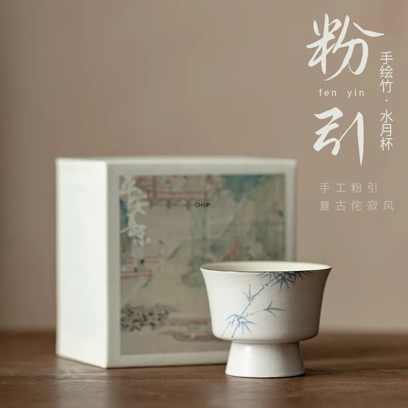 

Pink Ink White Hand-painted Ink Bamboo Water Moon Cup Wabi-sabi Style Ceramic Tea Cup Tea Bowl Light Luxury Master Cup Single