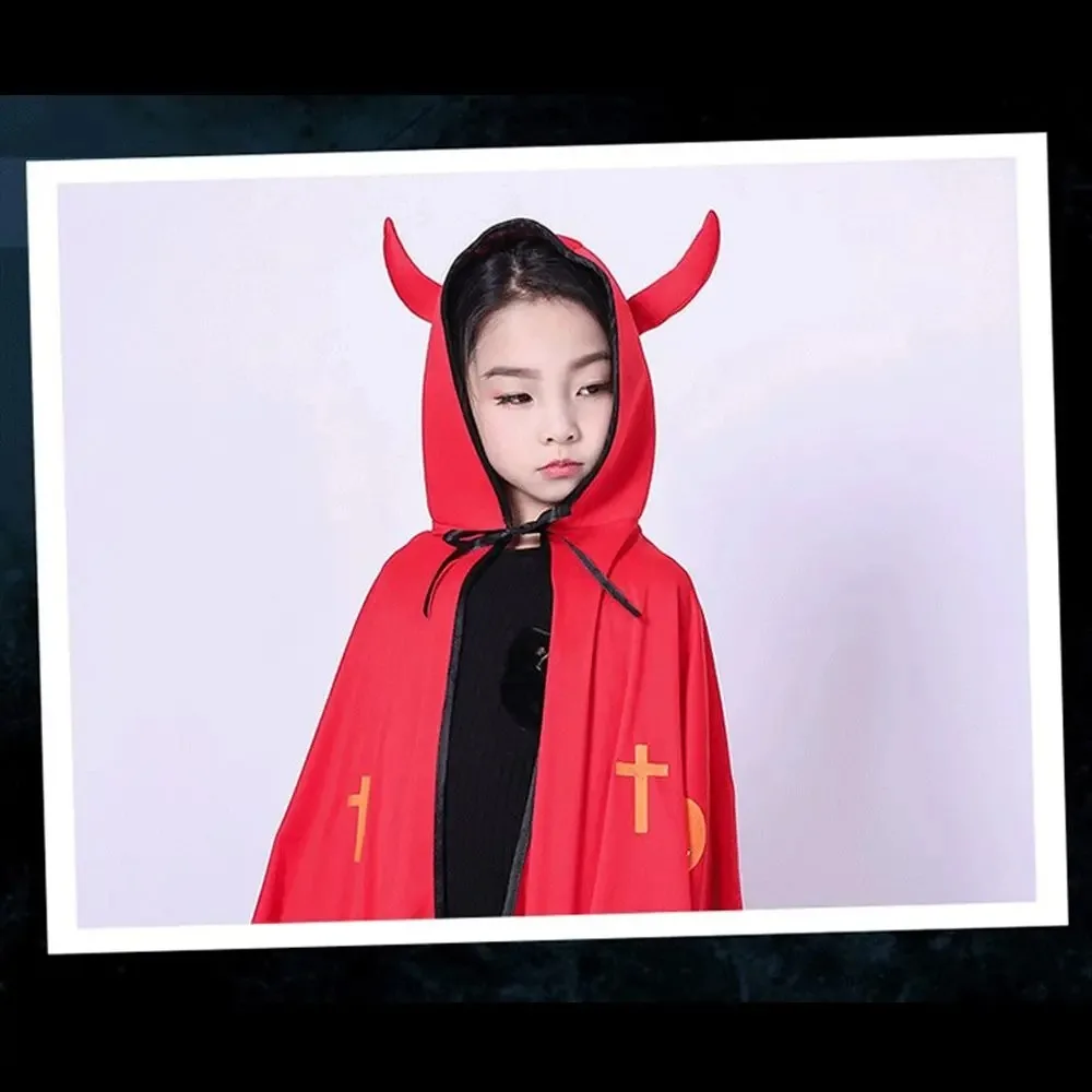 New Pointed Hat Halloween Bullhorn Cloak Hooded Cosplay Devil Cloak Pumpkin Devil Horn Cloak for Kids