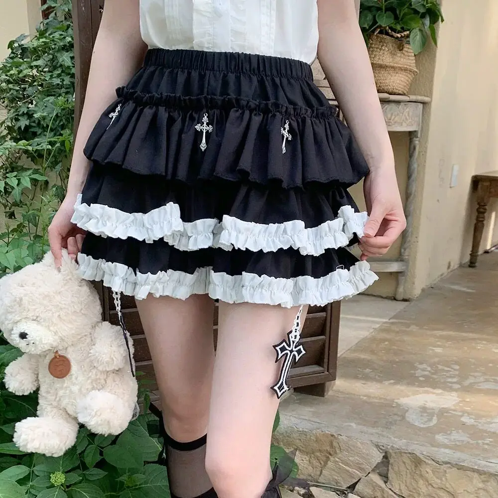 Gothic Black Cross Pendant Mini Skirt with Built-in Shorts Tiered Ruffle Skort Women Shoujo Girl Coquette Y2K Grunge Punk
