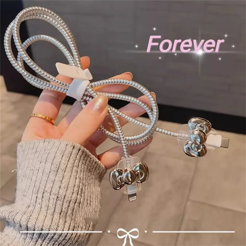 Korea Cute 3D Bowknot Matte Plating Charger Cover For IPhone 11 12 13 14 15 18/20W Charge Correa Luxury Silver Protection Sleeve