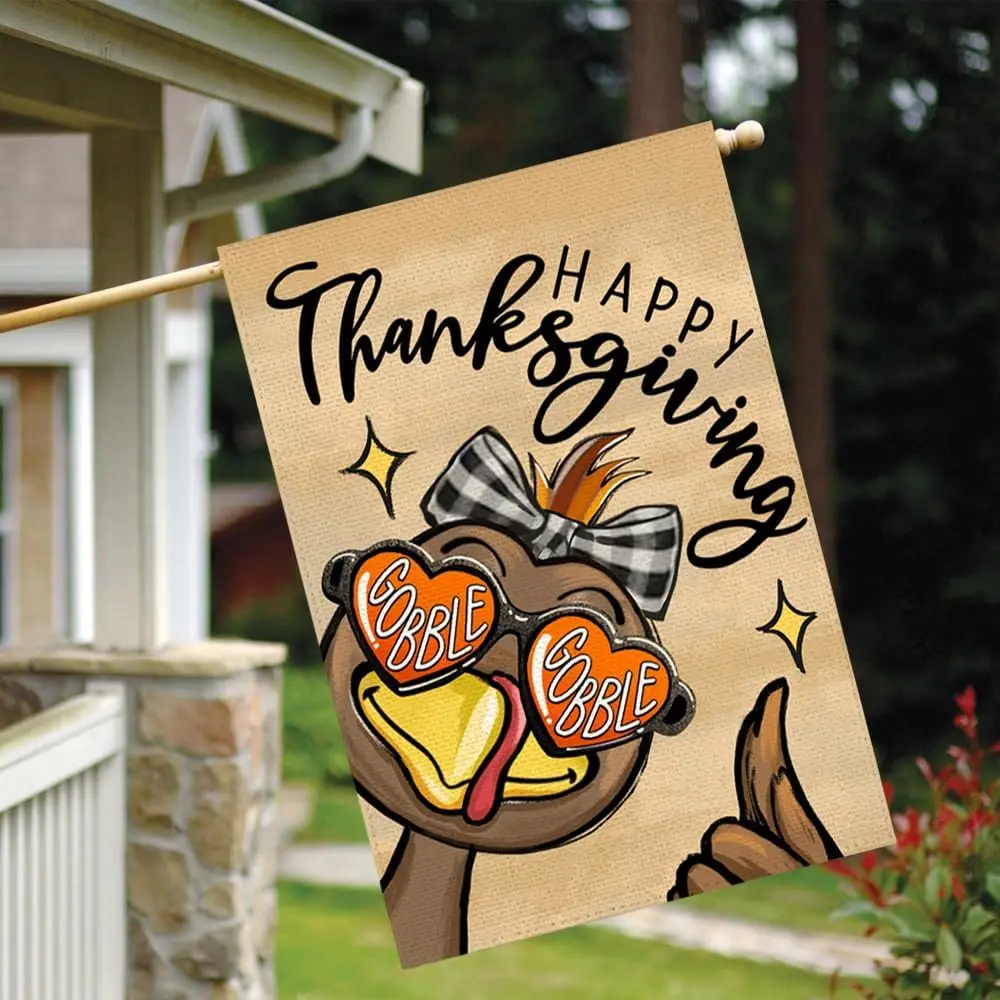 Happy Thanksgiving Turkey House Flag 28x40 Inch Double Sided Outside, Gobble Harvest Fall Large Garden Flags Seasonal Yard O zzo