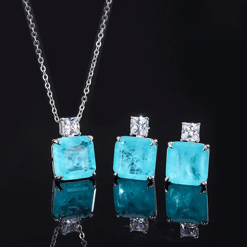 Jewelry S925 silver plated 18K gold hot selling Paraiba pendant earring set artificially cultivated gemstone 12*12