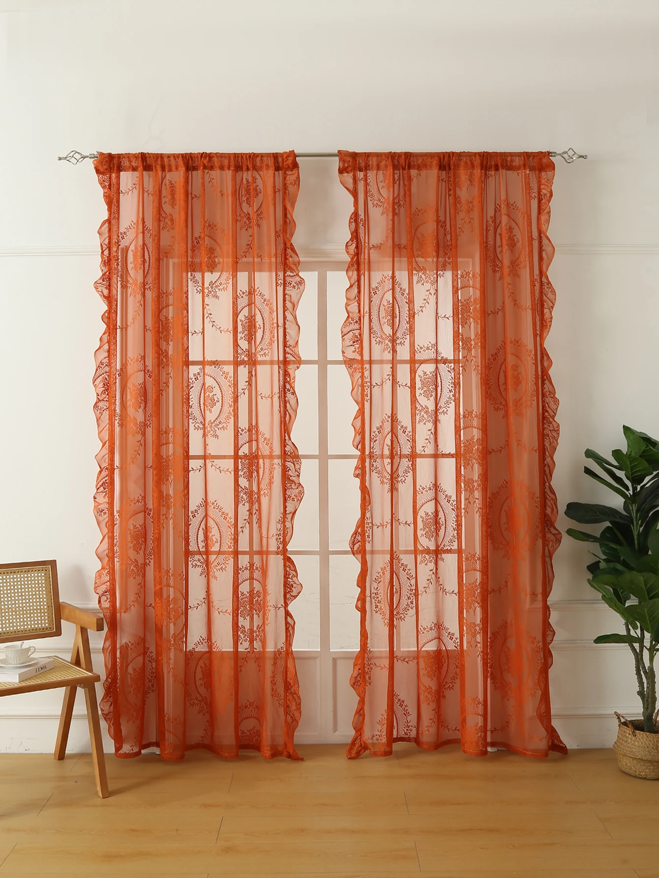 78 Inch Orange Lace Round Mirror Rod Pocket Curtains, Living Room Bedroom Balcony Home Curtains Decoration Party Holiday Curtain