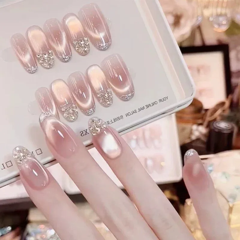 2026 New High-End Nude Cat Eye Fake Nails, Hot Popular Handmade Reusable Removable Wearable Nail Patches For Daily