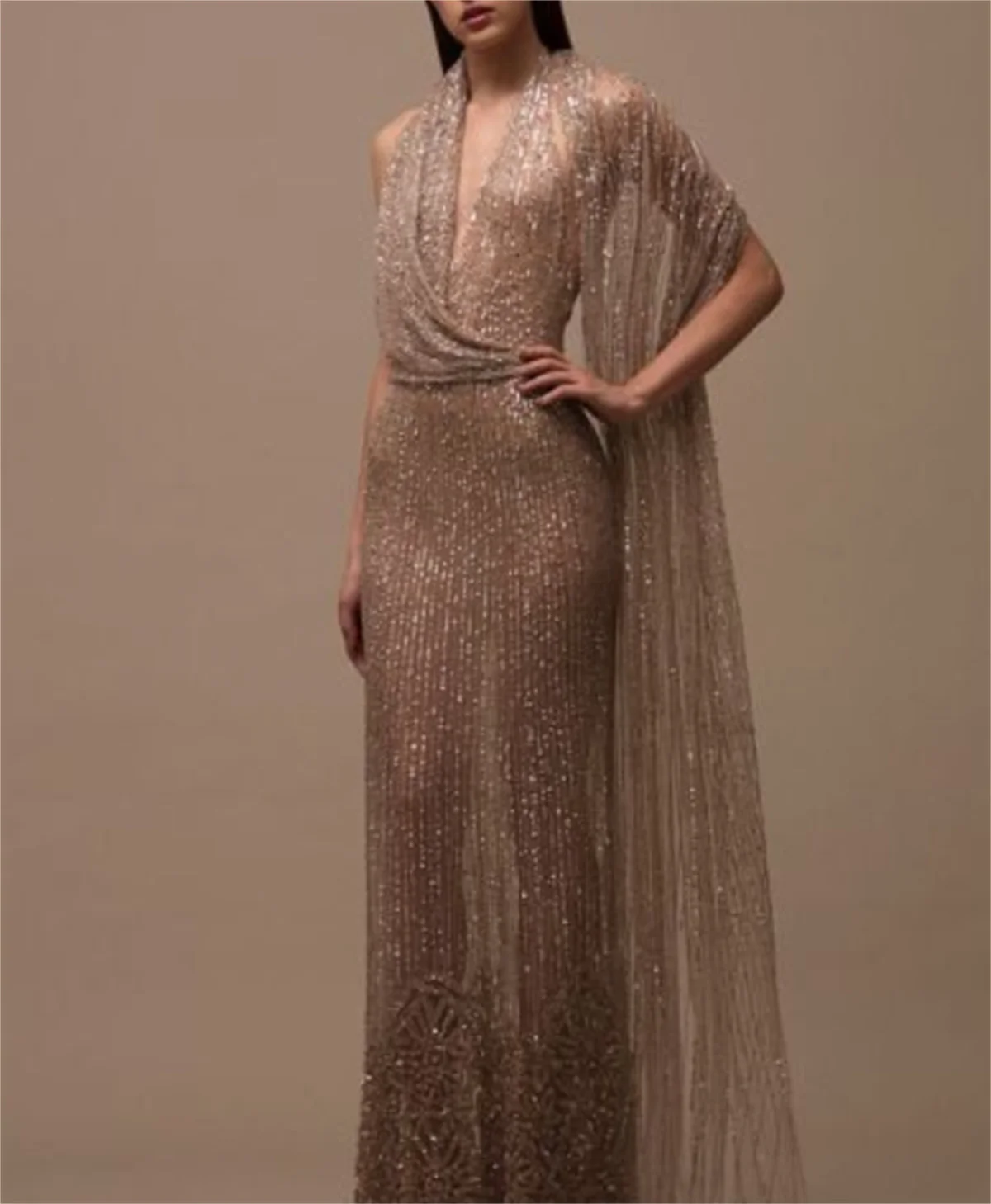 2023 A-line Bespoke Wedding Gown In Gorgeous  Lightweight Sheer Sexy Prom Star Dress Solid Khaki Shimmer And Shine