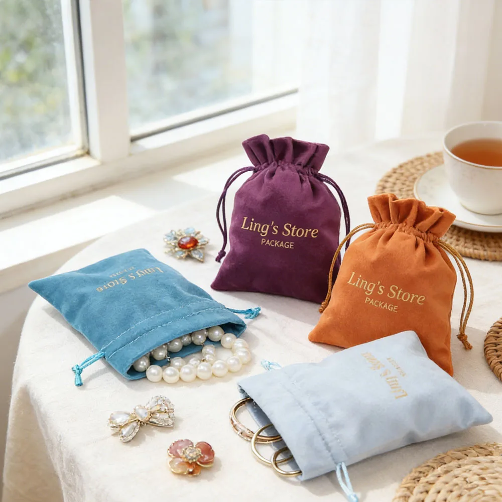 

50Pcs Customized Logo Jewelry Organizer Bag Velvet Drawstring Pouch Cosmetic Perfume Packaging Wedding Candy Gift Storage Pocket