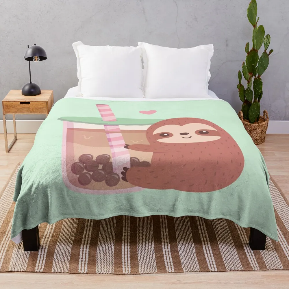 

Cute Sloth Loves Boba Tea Throw Blanket For Sofa Thin Personalized Gift Fluffy Blankets Large sofa bed Bed blanket