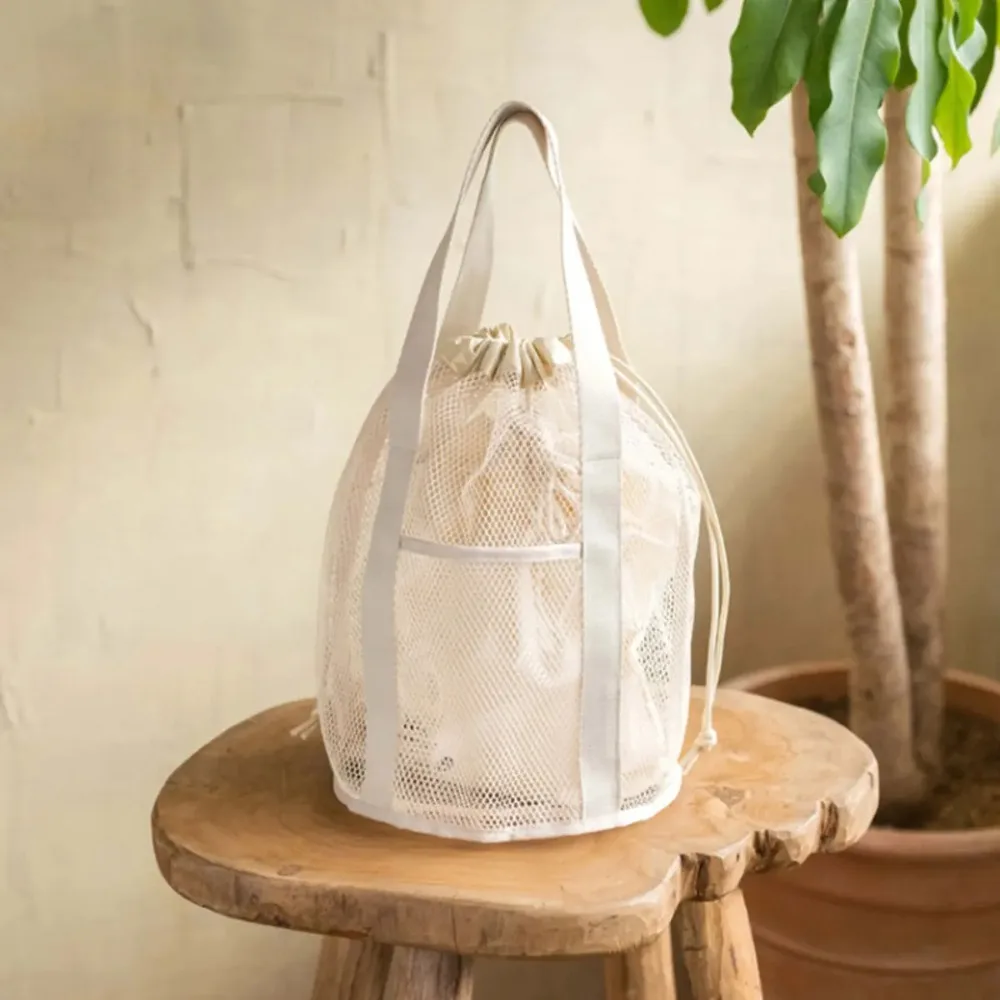 Beige Travel Toiletry Bag Mesh Hollowed Out Folding Ultralight Drawstring Pocket Beach Bag Travel Beach