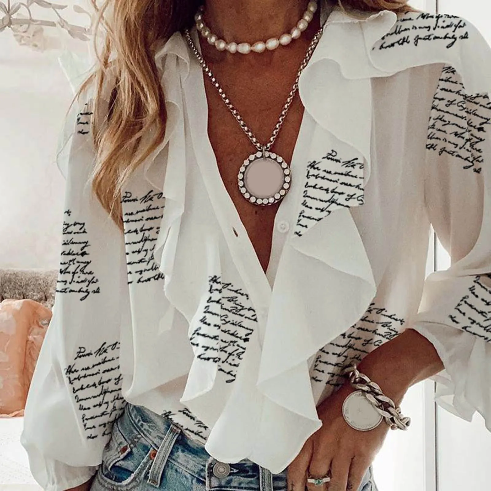 

Women Ruffles Blouses 2024 Fashion Sexy V neck Tops Elegant Long Sleeve Flare Cuff Shirts Casual Button Up Party Blusas