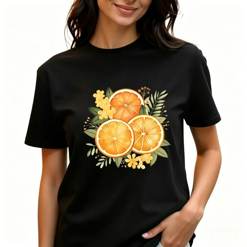 Women's Summer Orange Print T-shirt, Casual Short Sleeve Tee, Black and White Options