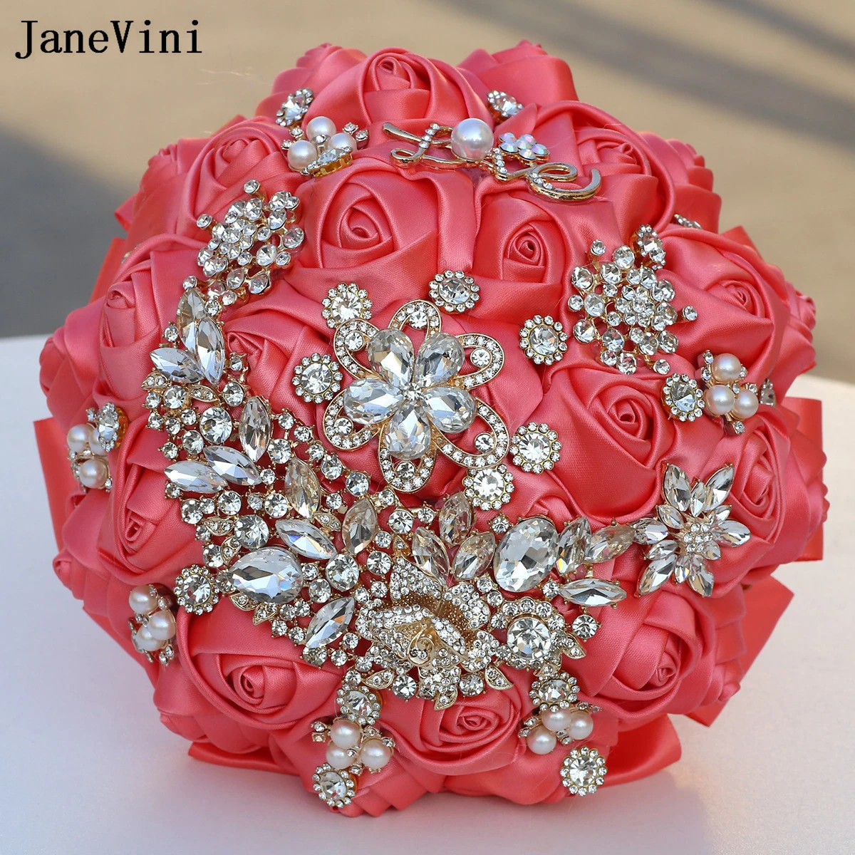 

JaneVini 2025 Customized Watermelon Bridal Holding Bouquets Luxury Golden Crystal Artificial Satin Roses Wedding Bouquet Flowers