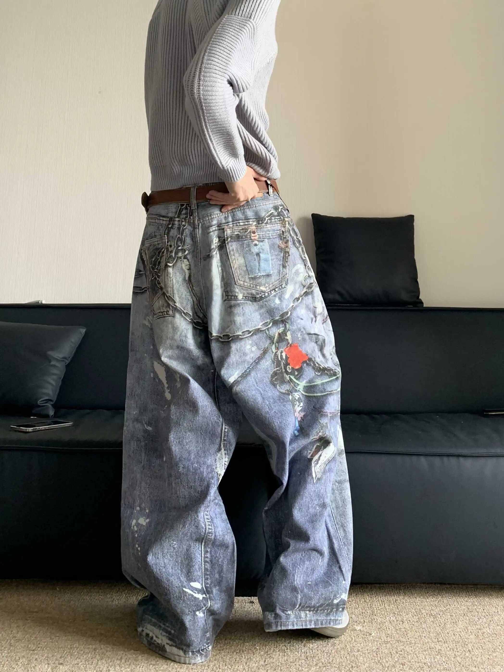 جينز ريترو أمريكي هاي ستريت ثلاثي الأبعاد مطبوع رقمي جينز فضفاض للنساء Sle تلاشى صبغ متشثر فضفاض مستقيم الساق جينز