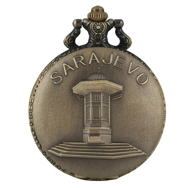 Retro Bronze Sarajevo Fountain Design Full Hunter Quartz Pocket Watch Necklace Fob Pendant Chain Art Collections Timepiece Gift