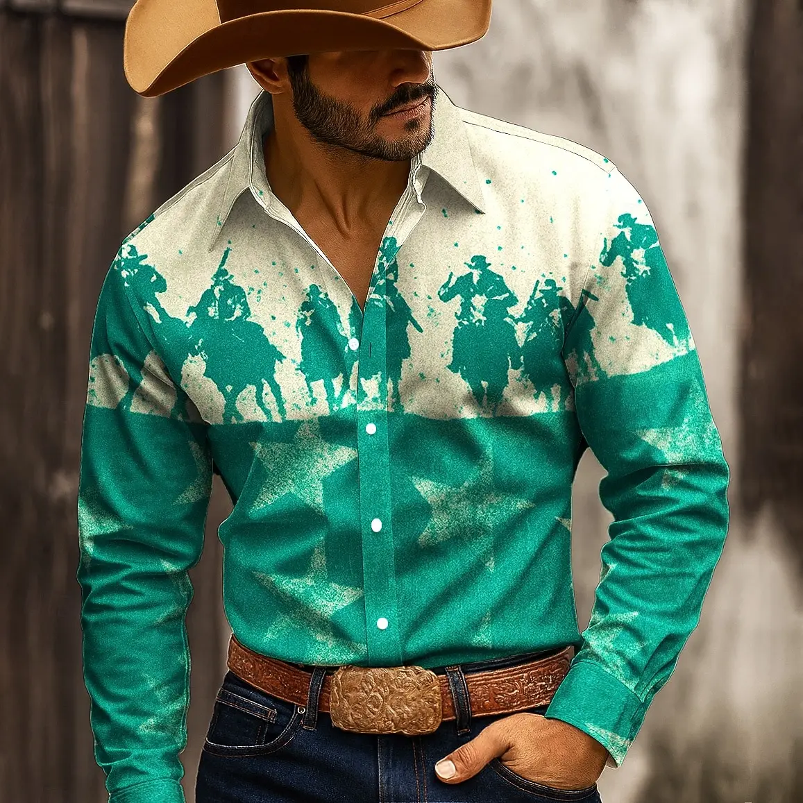 

Men's Stars Cowboy Riding Horse Shirt Western Shirt Button Up Shirt Long Sleeve Vintage Retro Outdoor Casual Turndown 3D Print