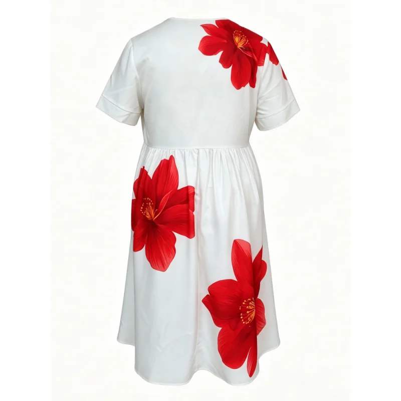 Kleid in Übergröße für Damen, mit Blumenmuster, knielanges Kleid, V-Ausschnitt, kurze Ärmel, lockere A-Linien-Silhouette, elegant, lässig, für Urlaub und den Alltag. – Detail 8