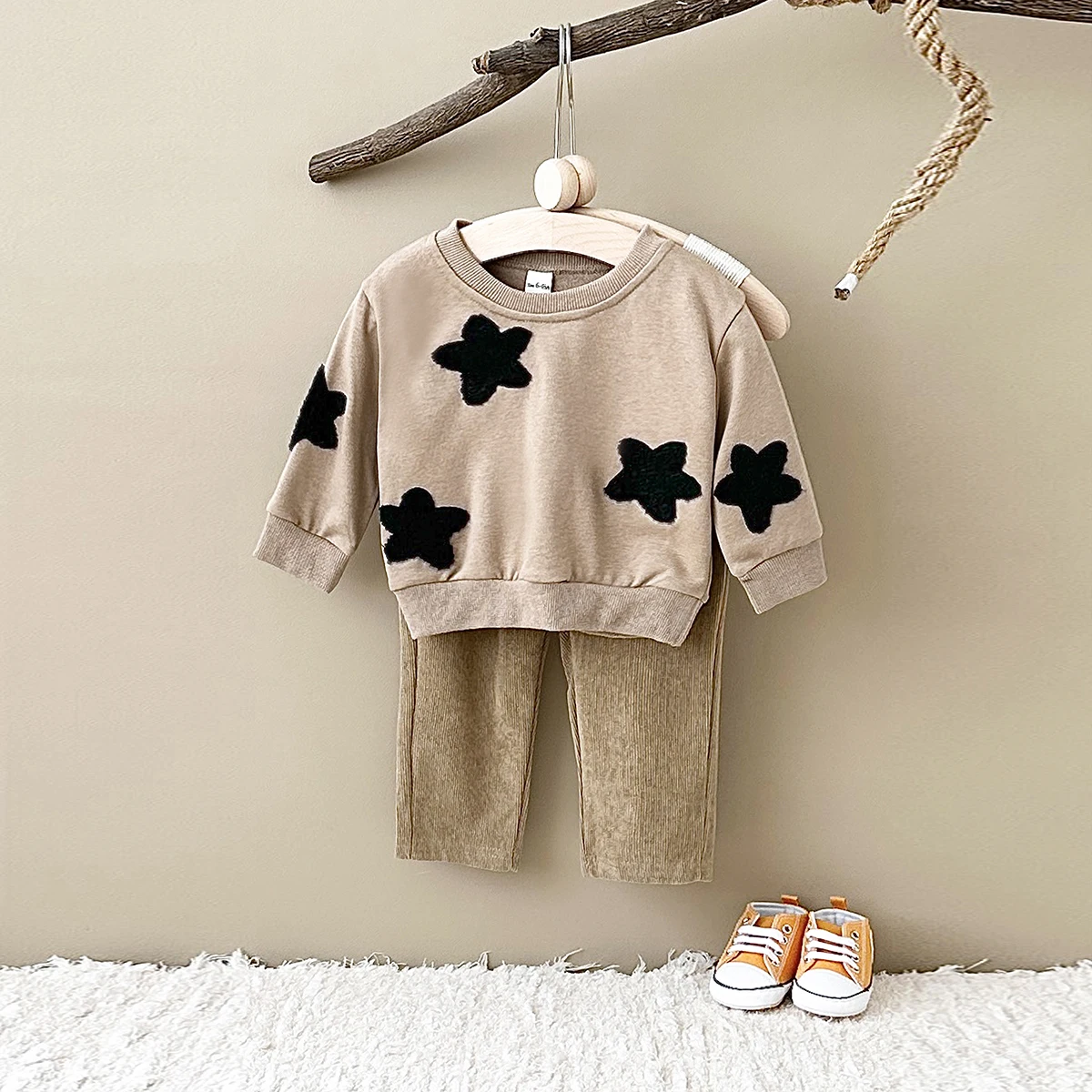 

New Spring Autumn Fashion Kids Clothes Set Toddler Baby Boy Girl Star Pattern Casual Brown Tops+Child Loose Trousers 2pcs Suit