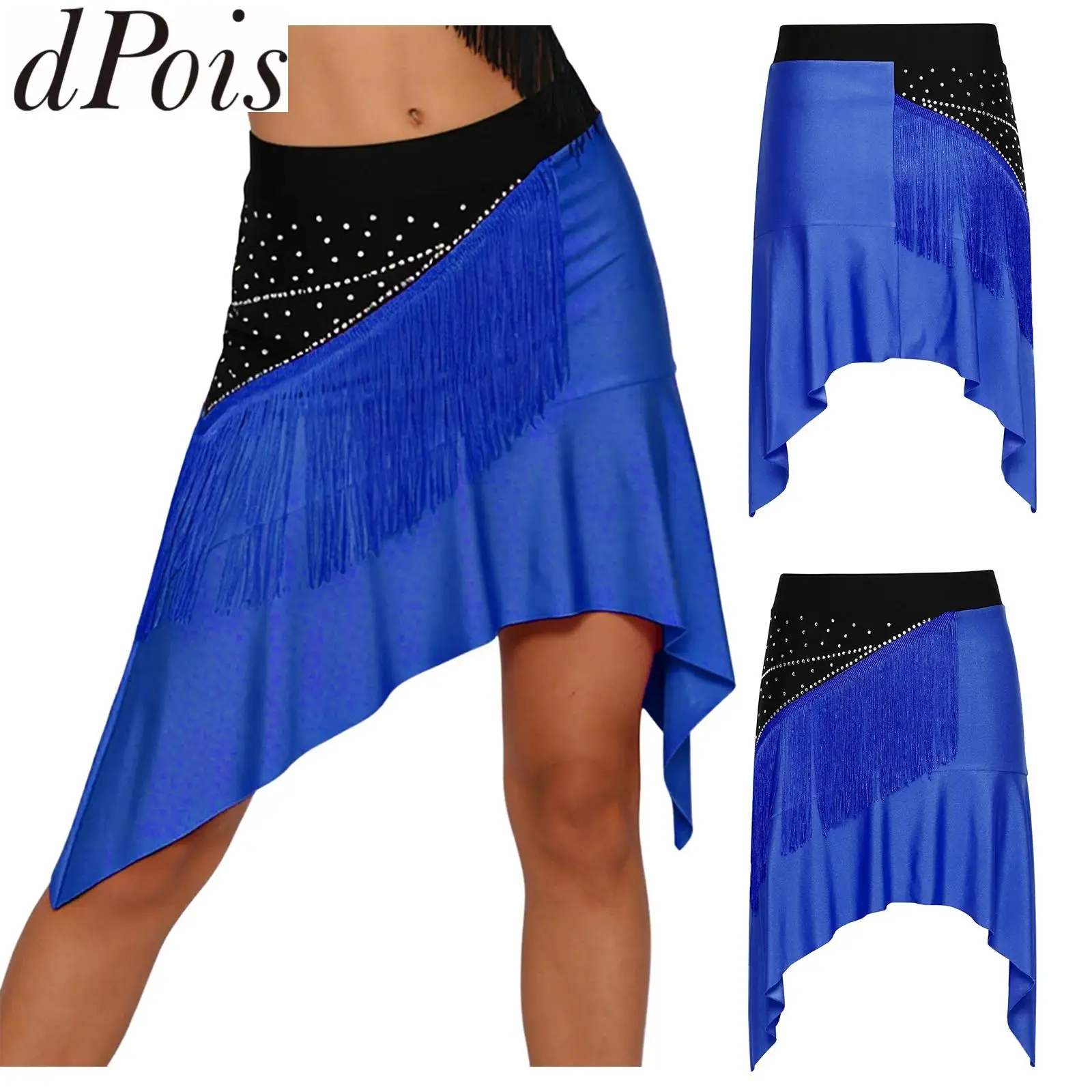 

Women Dance Latin Tango Cha-cha Rumba Salsa Tap Jazz Skirts for Competition Performance Costume Rhinestones Tassel Dancewear