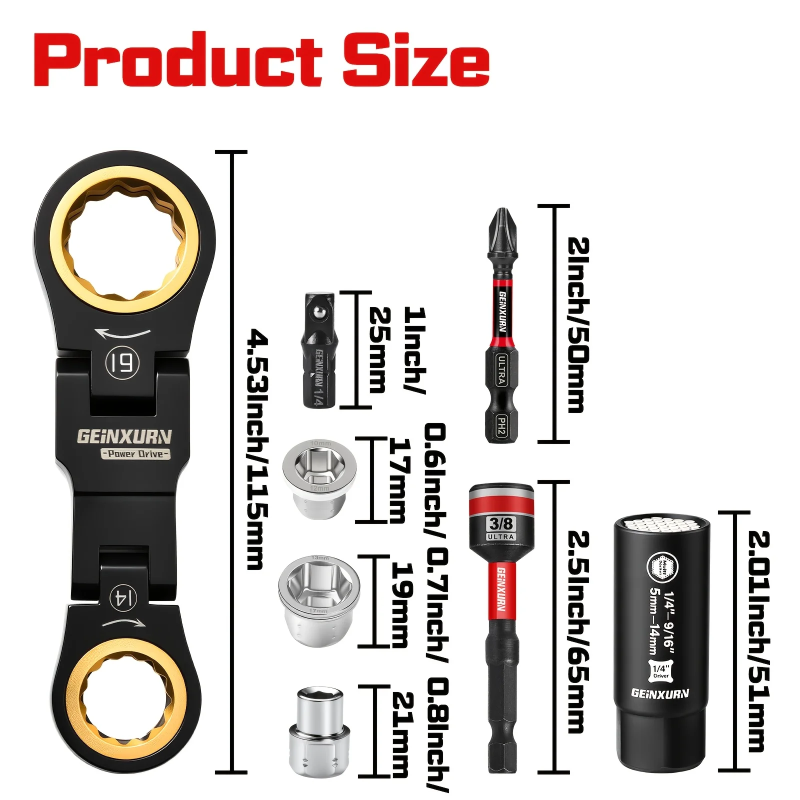 GEINXURN Socket Wrench Tool Set, 4-in-1 Mini Flexible Ratchet Wrench, Magnetic Screwdriver Bits, and Socket Set for Nut Wrenches