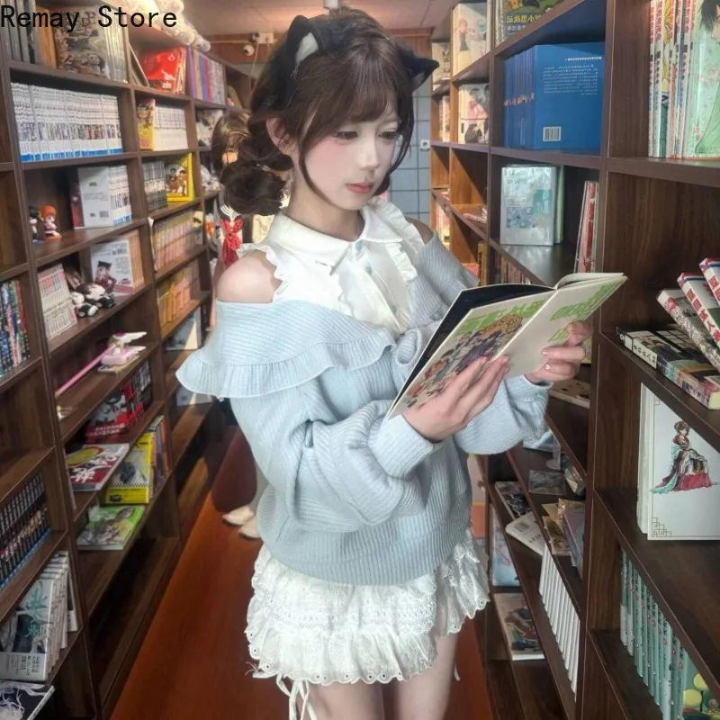Korean Fashion Style Sexy Sweet 2 Piece Set Women Chic Bow Sweater Tops + Lace Mini Skirt Japanese Lolita Y2k Autumn Outfits New image 5