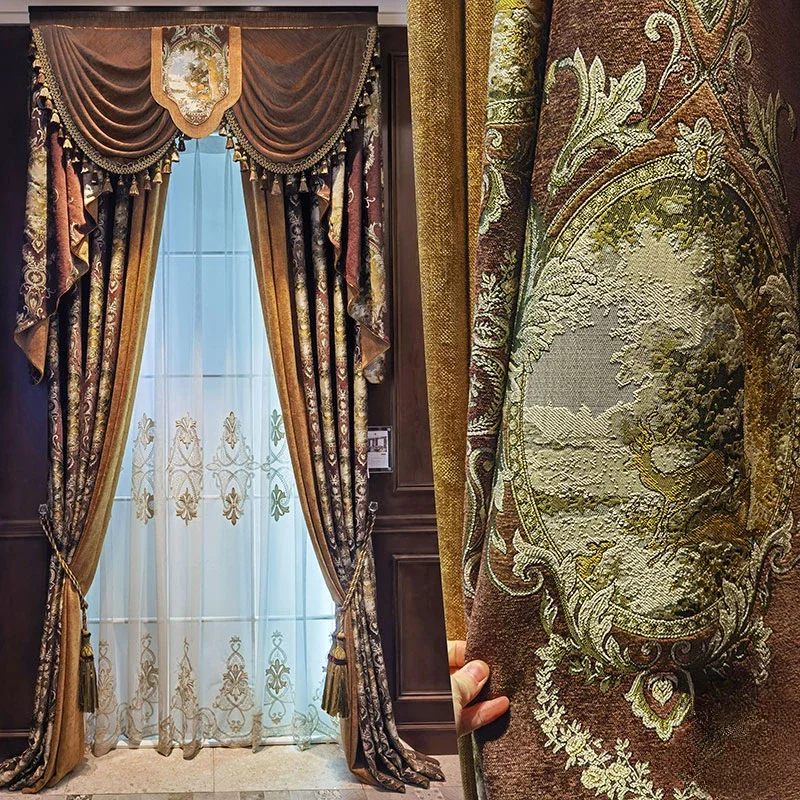 

OLOEY European Style Curtains for Living Room Bedroom Retro High Sense of Court Style French Villa Blackout Luxury Atmosphere