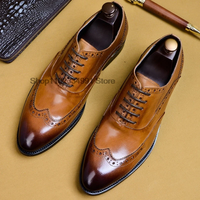 

HNXC Brand Men Shoes Business Dress Genuine Leather Shoes For Men Formal Casual Bullock Brogue Formal 2024 New Arrivals Size 12