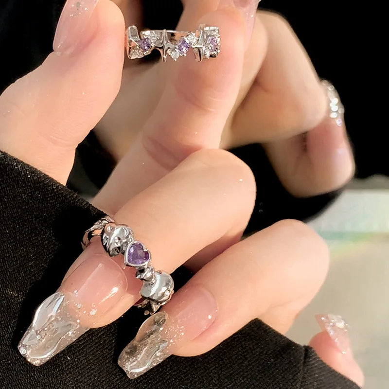 Vintage Crystal Star Adjustable Rings Fashion Shiny Irregular Purple Rhinestone Couple Ring Women Men Lover Y2k Jewelry 2023