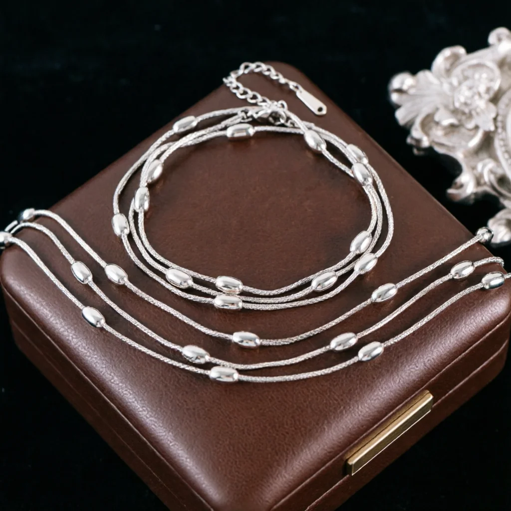 3pc Gold & Silver Layered Wrap Bead Necklace Bracelet Set