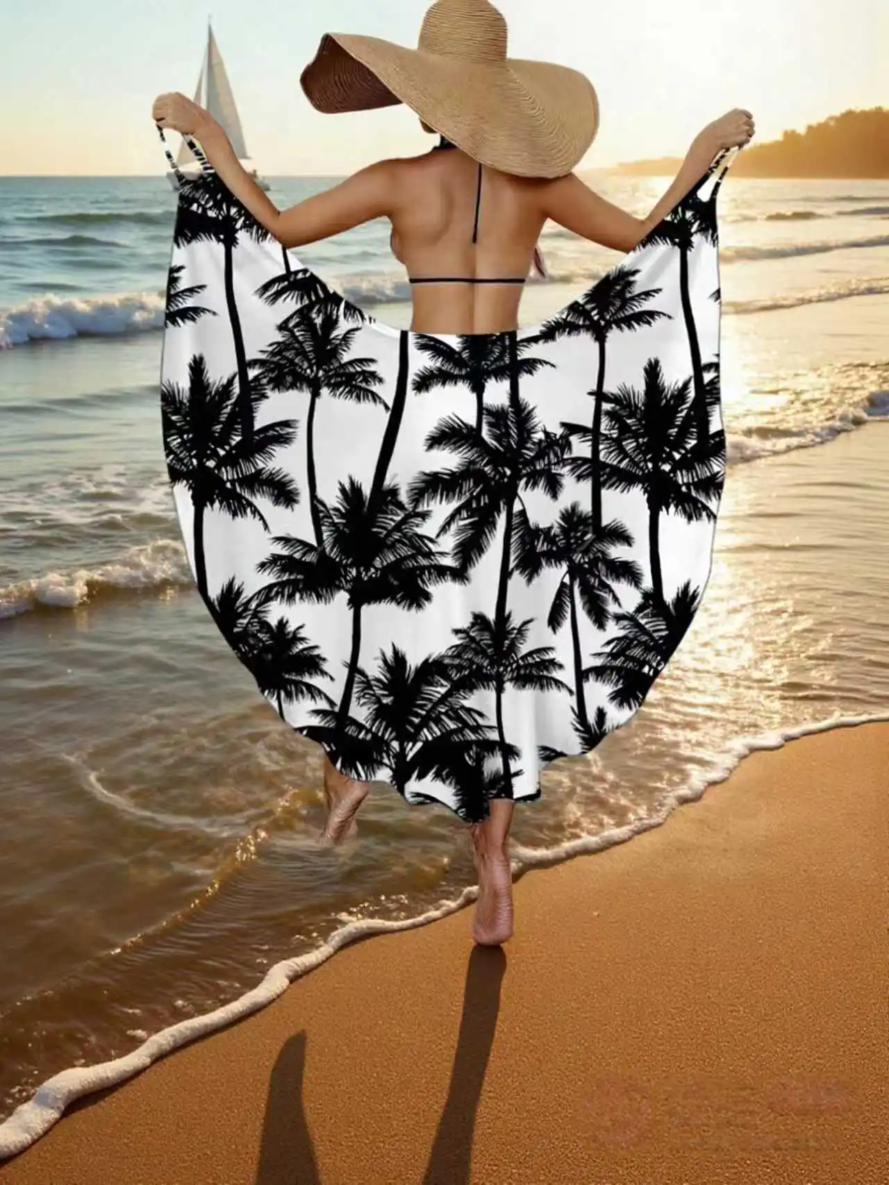 

Женское пляжное платье-накидка с принтом черных пальм, отпускное платье-шаль на одно плечо, платье-халат, платье на тонких бретельках