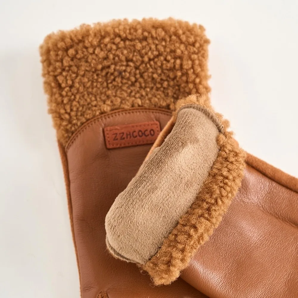 New PU Leather Winter Gloves Touchable Screen Lamb Fleece Driving Mittens Coldproof Warm Full Finger Gloves Gift