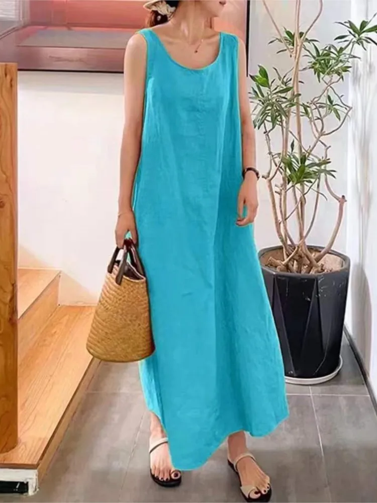 Summer Solid Color Round Neck Sleeveless Loose Dress Cotton Linen Pocket Women Retro 2024 Simple Office Women