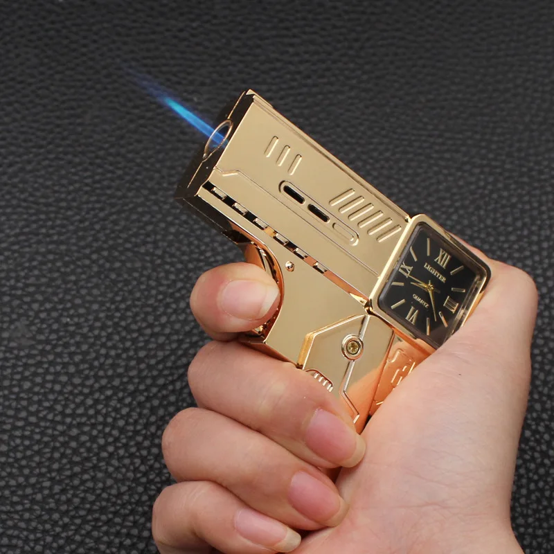 

Newest Metal Folding Pistol Styling Direct-rush Windproof Blue Flame Lighter Multifunction with Dial for Men's Cigarette Lighter