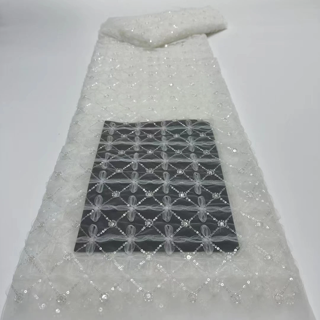 

White 3D French Lace Fabric With Sequins And Beads 2024 High Quality Beaded African Lace Fabric For Wedding Party Dress KR24128