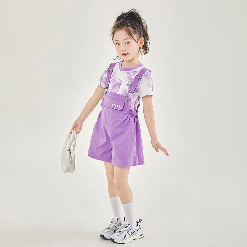 2024 Summer Fashion Children Girl Clothes Sets Junior Girl Butterfly Print Irregular T-shirt+Solid Suspender Set For Girls