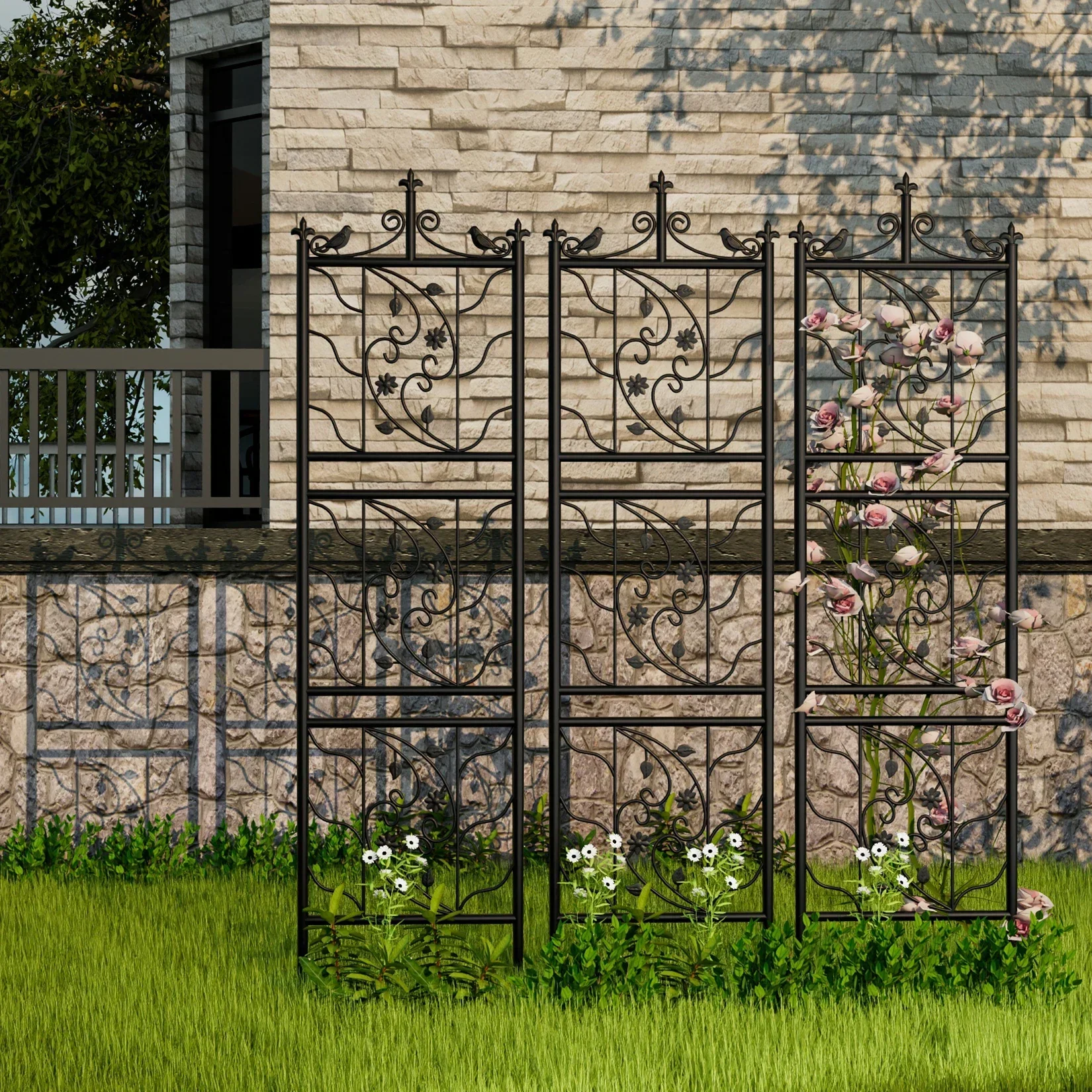 %A 2x Tall Thick Metal Garden Trellis Bird Leaf Grid Panel Support Climbing Trellis