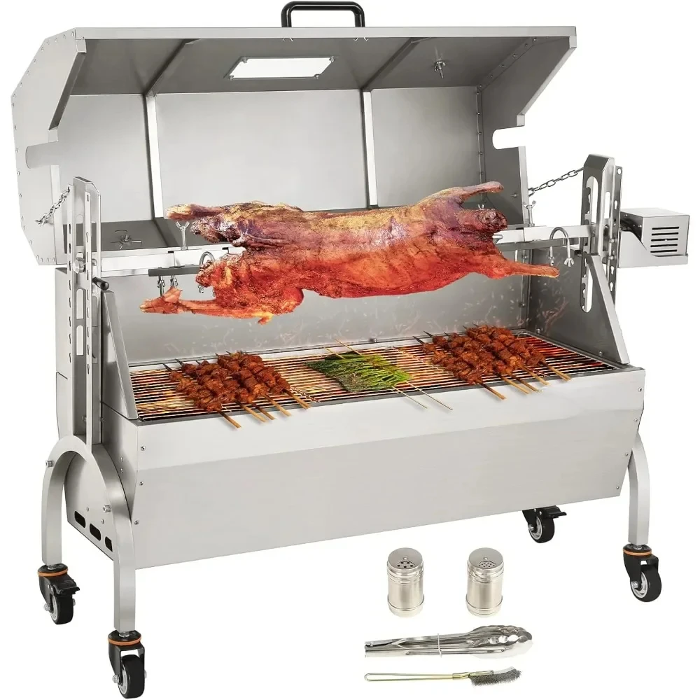 Stainless Steel Rotisserie Grill w/Hooded Cover,BBQ Whole Pig Lamb Goat Charcoal Spit Grill,Electric 50W motor barbecue machine