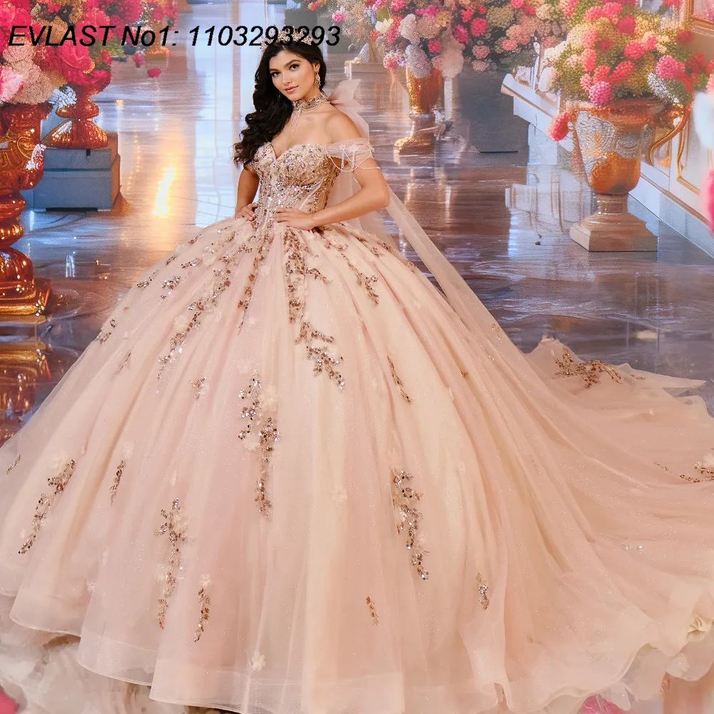 EVLAST Customized Mexican Pink Quinceanera Dress Ball Gown Sequins Lace Applique Beading Cape Sweet 16 Vestido De 15 Anos E1Q74