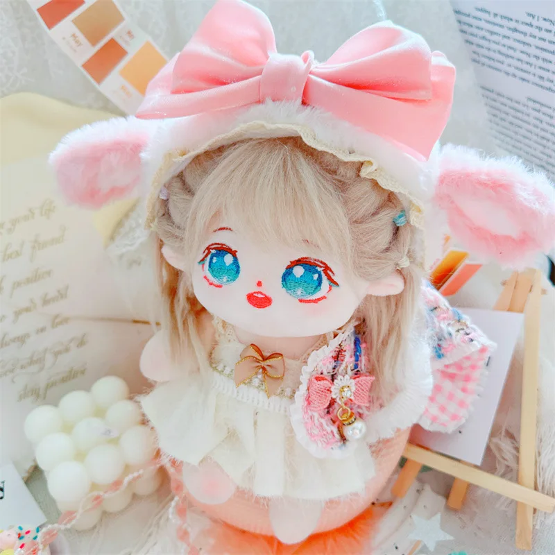 

20cm Kawaii Pink Bow Bunny Ear White Skirt Miss Doll Anime Plush Star Dolls Stuffed Customization Figure Toys with Dress Dolls